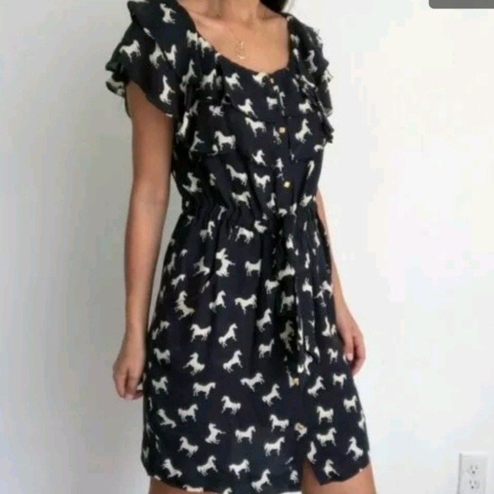 Leifsdottir Sz 6‎ Silk Horse Print Ruffle Mini Dress Blue Gold Buttons Equestian